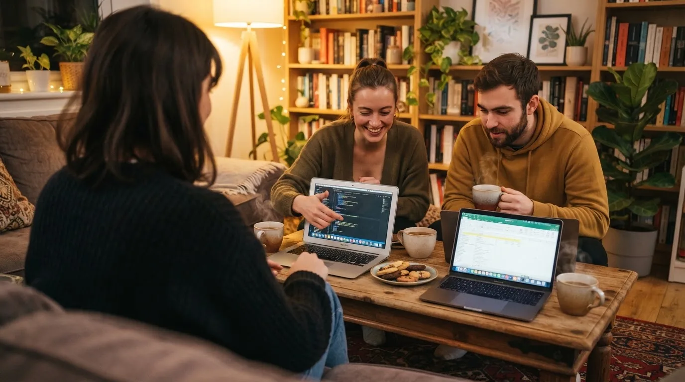 Un gruppo di tre persone confronta opinioni sorridendo attorno a un tavolo da caffè, con laptop e tazze fumanti davanti a loro.