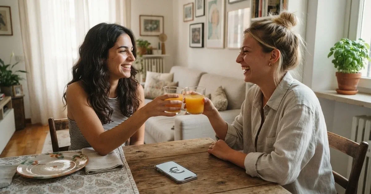 Due amici brindano con bicchieri di succo su un tavolino da salotto, sorridendo mentre uno tiene in mano uno smartphone.